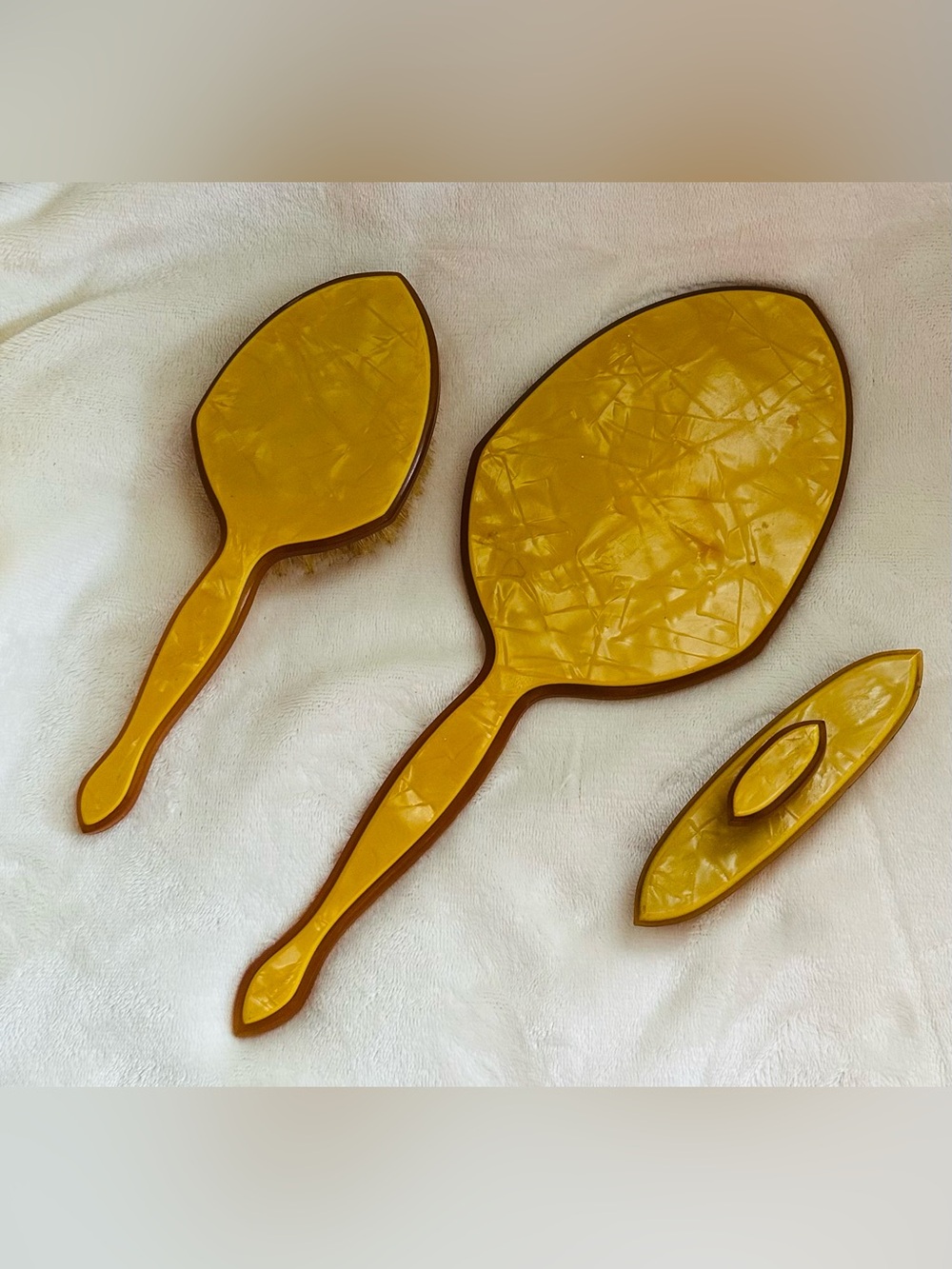 Vintage Amber Celluloid Hand Mirror Set - 3 Piece